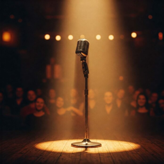 Vibrant image of a microphone stand under a spotlight on a stage, capturing the anticipation and energy of a stand-up show. Vibrant image of a microphone stand under a spotlight on a stage, capturing the anticipation and energy of a stand-up show.