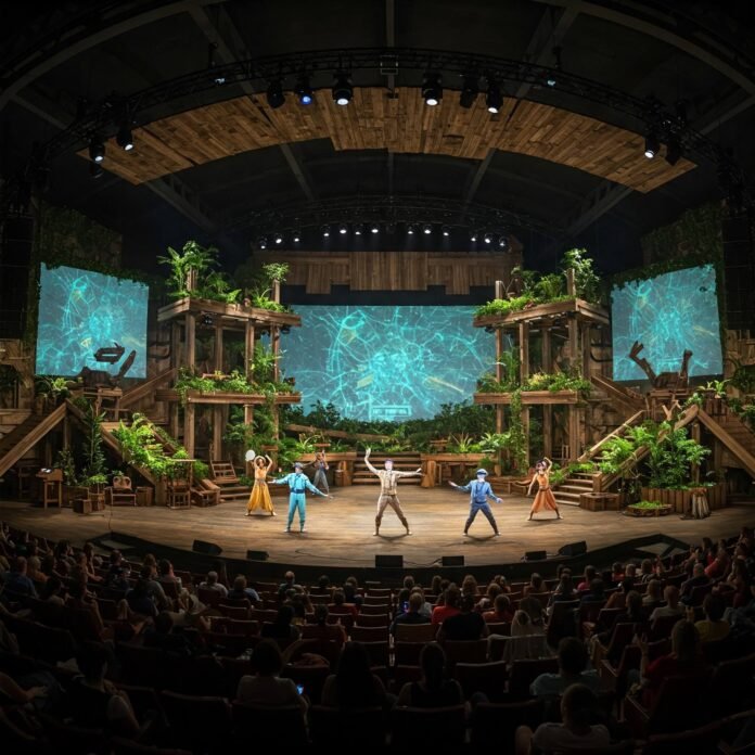Panoramic view of a futuristic theater stage blending AR visuals, eco-friendly set designs, and diverse performers. (1) Panoramic view of a futuristic theater stage blending AR visuals, eco-friendly set designs, and diverse performers.