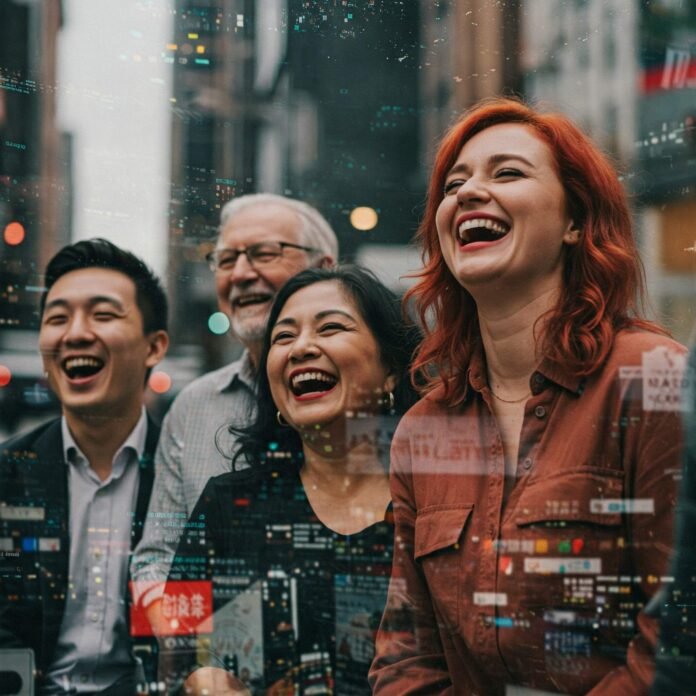 A vibrant image blending abstract digital patterns with joyful laughter, portraying hope and resilience in 2025 A vibrant image blending abstract digital patterns with joyful laughter, portraying hope and resilience in 2025