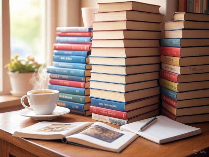 Cozy reading nook with top 10 must-read books for 2025, a steaming coffee cup, notebook, and soft natural light on a wooden table. Cozy reading nook with top 10 must-read books for 2025, a steaming coffee cup, notebook, and soft natural light on a wooden table.