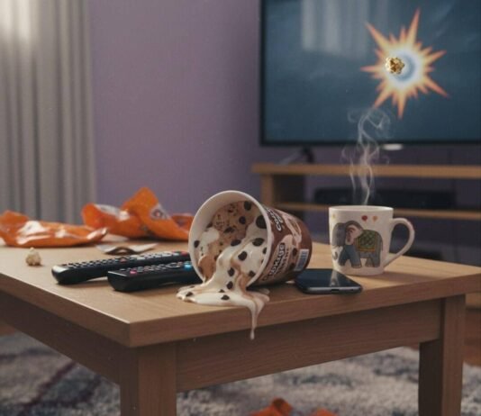 Weekend Watchlist: New Movies and Shows to Binge Right Now Melted ice cream, remotes, and popcorn on coffee table.