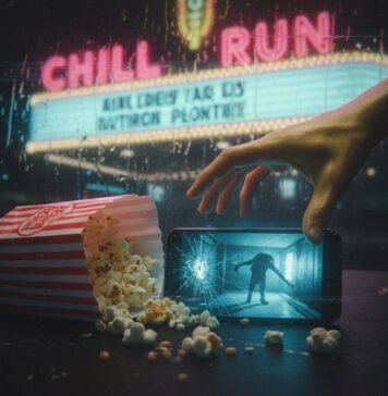 Top 10 Movie Trailers That Gave Us Chills in 2025 Horror movie anticipation: popcorn, phone, reaching arm, neon