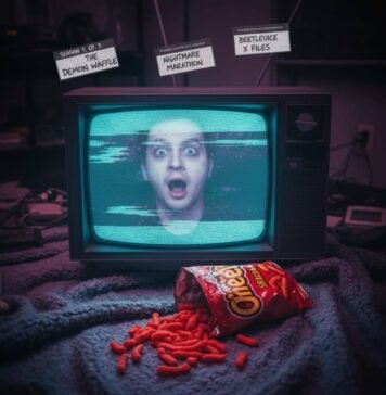 The Most Shocking TV Plot Twists of the Year So Far Retro TV, ghostly reflection, Cheetos, VHS labels.