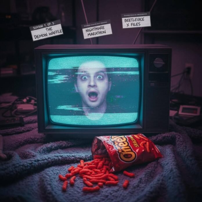 Retro TV, ghostly reflection, Cheetos, VHS labels.(1) Retro TV, ghostly reflection, Cheetos, VHS labels.