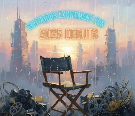 Which Stars Are Making Their Directorial Debut in 2025? A director's chair with film reels in front of a city.