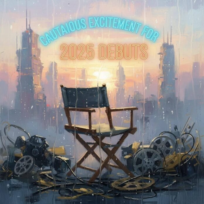 A director's chair with film reels in front of a city.(1) A director's chair with film reels in front of a city.