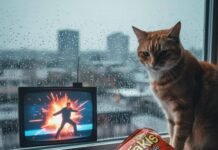 Best Action Movies That Still Hold Up in 2025 Dusty VHS, Takis, TV explosion, and a confused cat.