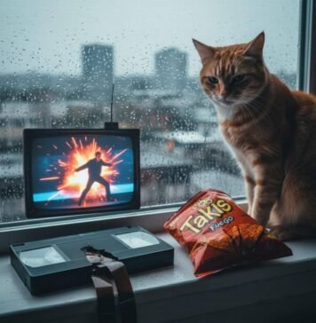 Best Action Movies That Still Hold Up in 2025 Dusty VHS, Takis, TV explosion, and a confused cat.