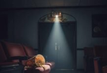 Best Time to Watch a Movie for Empty Theaters & Peace Abandoned cinema with spilled popcorn and glowing sneaker.