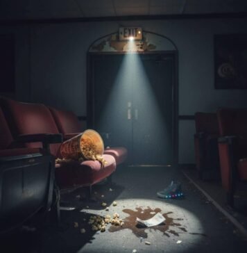 Best Time to Watch a Movie for Empty Theaters & Peace Abandoned cinema with spilled popcorn and glowing sneaker.