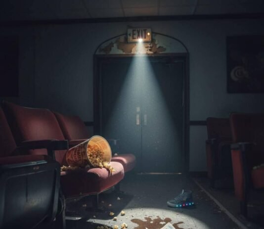 Best Time to Watch a Movie for Empty Theaters & Peace Abandoned cinema with spilled popcorn and glowing sneaker.