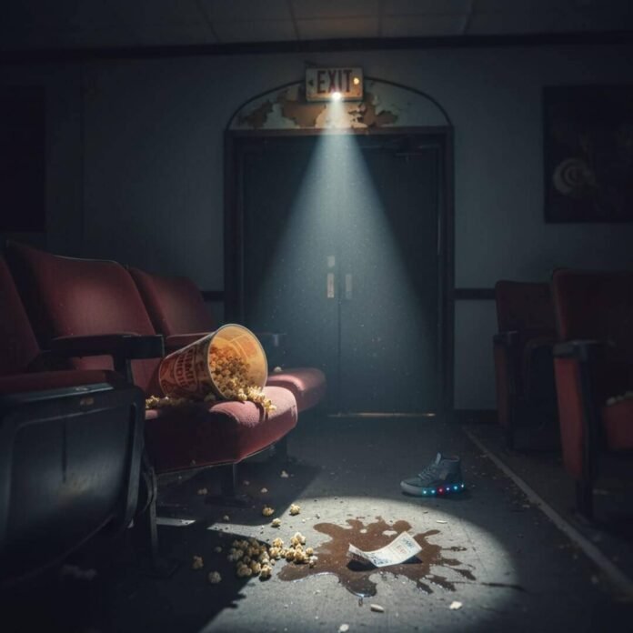 Abandoned cinema with spilled popcorn and glowing sneaker.(1) Abandoned cinema with spilled popcorn and glowing sneaker.