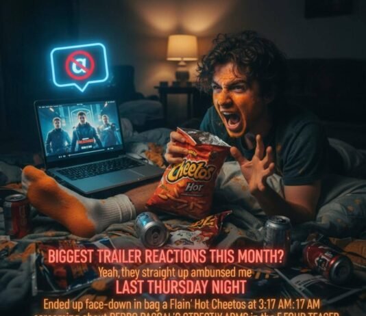 Biggest Trailer Reactions from Fans This Month Man reacts to trailer, covered in Cheeto dust.