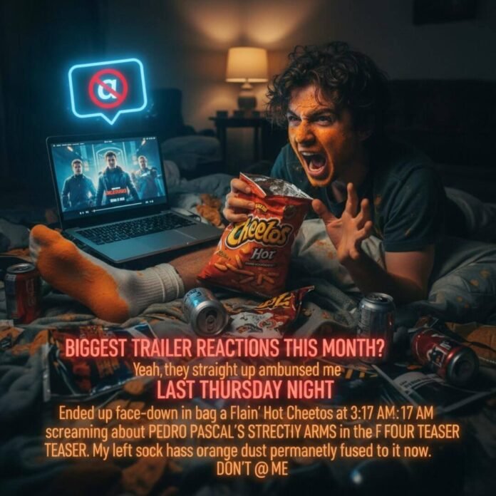 Man reacts to trailer, covered in Cheeto dust.(1) Man reacts to trailer, covered in Cheeto dust.