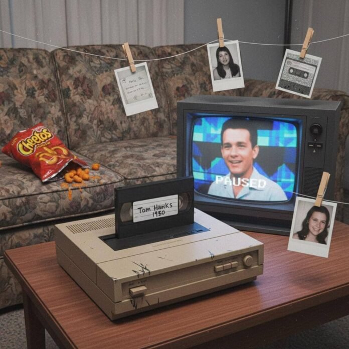 Retro VCR, TV, and Cheetos with floating Polaroids.(1) Retro VCR, TV, and Cheetos with floating Polaroids.