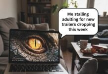 All the New Trailers Dropping This Week Dragon eye trailer, fuzzy sock, laptop.