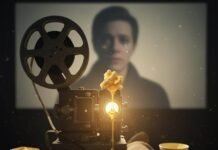 Must-Watch Films Based on True Stories Vintage projector, buttered popcorn, and a film reel in a cozy setting.