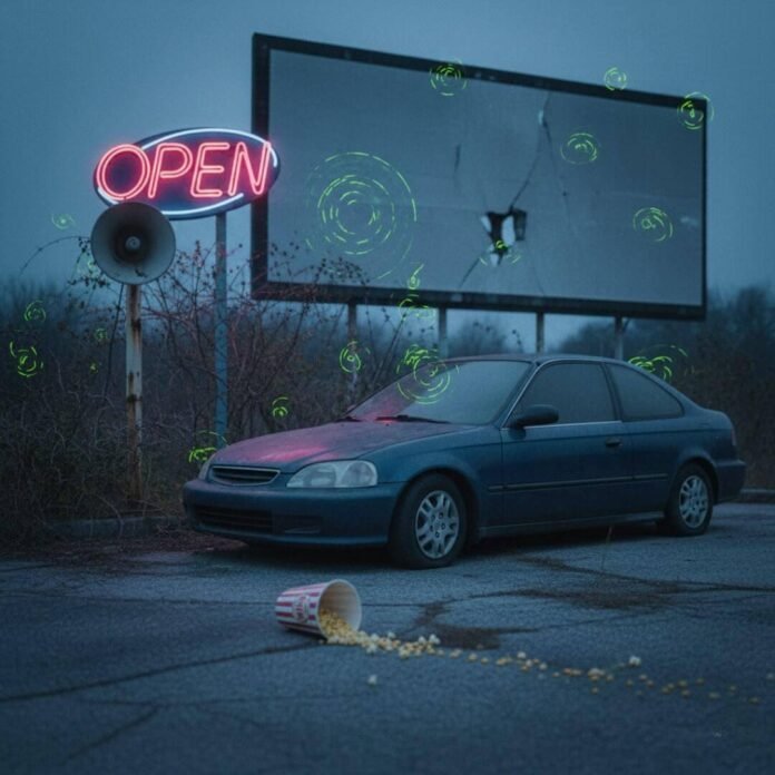 Abandoned drive-in with car, popcorn, and neon sign.(1) Abandoned drive-in with car, popcorn, and neon sign.