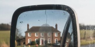 Inside the Glam Life: 10 Celebrities Who Live Modestly Cracked truck mirror reflects mansion, smudged fingerprint.