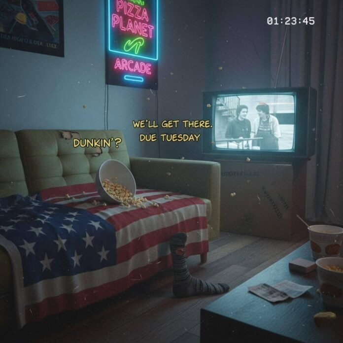 Spilled popcorn, CRT TV, socked foot.