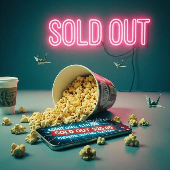 Half-eaten popcorn, cracked phone, and a "SOLD OUT" sign.