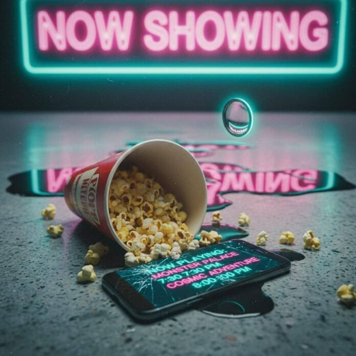 Popcorn, phone, and "NOW SHOWING" sign.(1) Popcorn, phone, and "NOW SHOWING" sign.