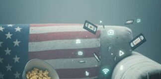 Top 10 Hidden Gems on Netflix You Probably Missed in 2025 Half-eaten popcorn on a US flag couch with remote, sock, and floating VHS tapes.