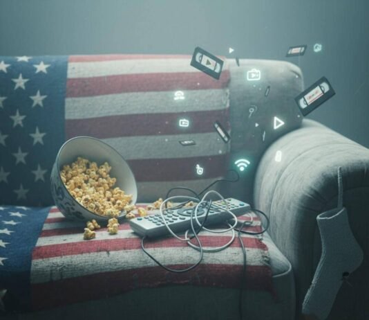 Top 10 Hidden Gems on Netflix You Probably Missed in 2025 Half-eaten popcorn on a US flag couch with remote, sock, and floating VHS tapes.