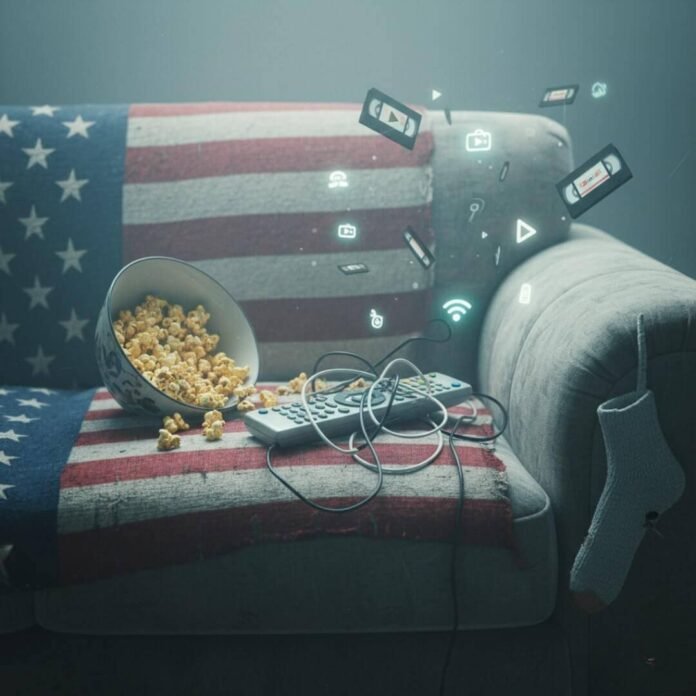 Half-eaten popcorn on a US flag couch with remote, sock, and floating VHS tapes.(1) Half-eaten popcorn on a US flag couch with remote, sock, and floating VHS tapes.