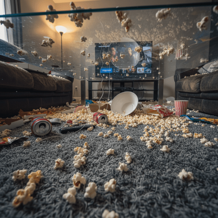Popcorn explosion under coffee table, TV playing.(1) Popcorn explosion under coffee table, TV playing.
