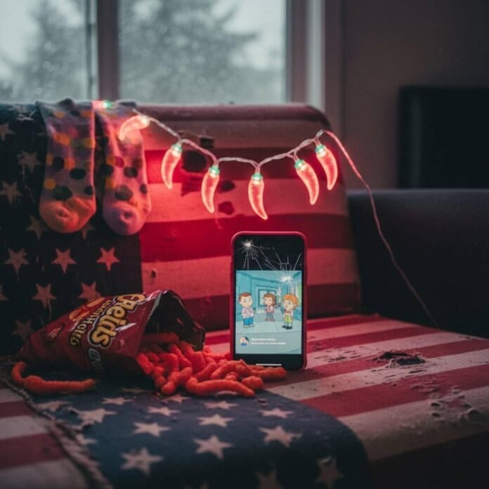 Flaming Hot Cheetos, phone, flag, and chili lights