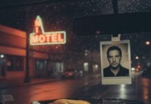 create short alt text for above image text word under 10 to 15 Neon motel sign, po'boy, and a photo of Nic Pizzolatto.