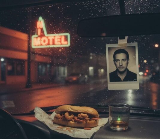 create short alt text for above image text word under 10 to 15 Neon motel sign, po'boy, and a photo of Nic Pizzolatto.