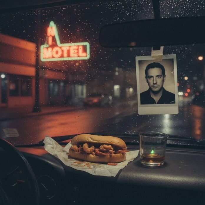 Neon motel sign, po'boy, and a photo of Nic Pizzolatto.(1) Neon motel sign, po'boy, and a photo of Nic Pizzolatto.