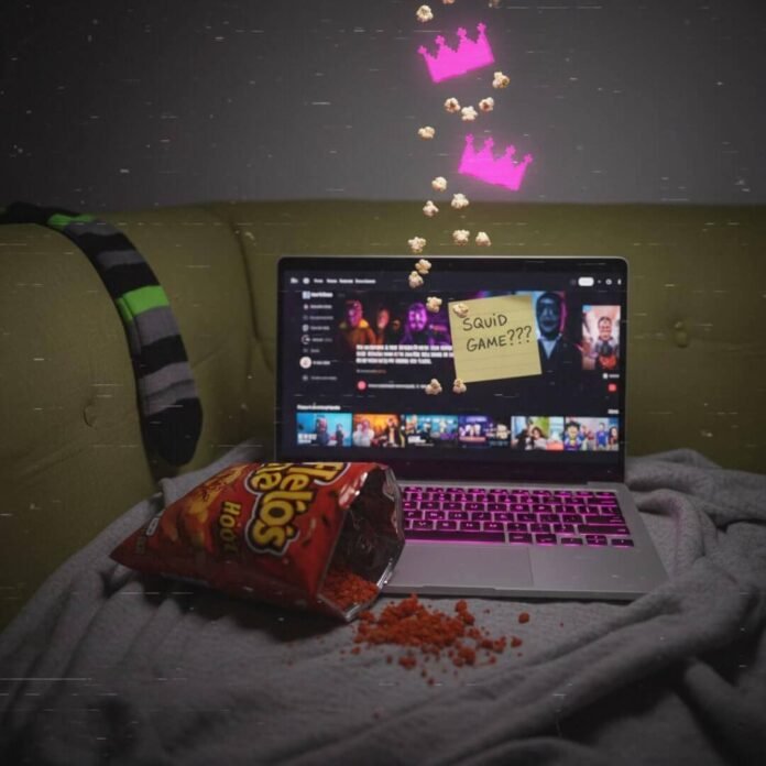 Late-night snacking and streaming setup.