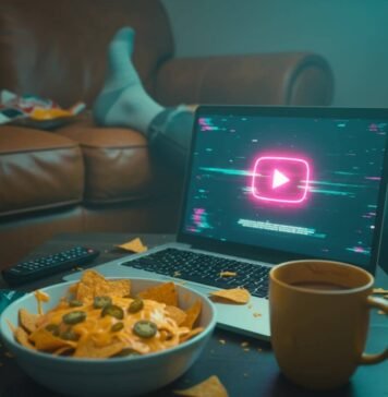 Most-Watched Trailers on YouTube Right Now Nachos, laptop with YouTube, and socked foot.