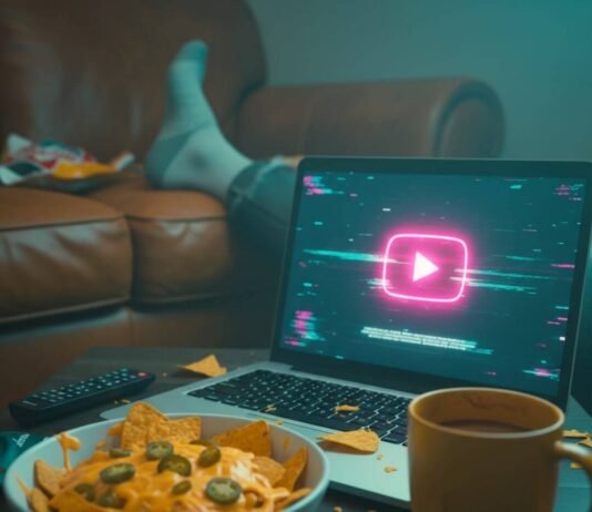 Most-Watched Trailers on YouTube Right Now Nachos, laptop with YouTube, and socked foot.