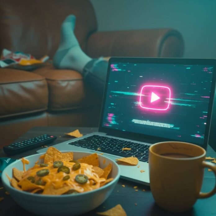 Nachos, laptop with YouTube, and socked foot.