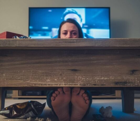 Romantic Movies That’ll Melt Even the Coldest Heart Person crying under a coffee table, feet and popcorn visible.