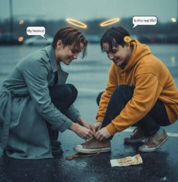 10 Times Celebrities Won Fans with Unexpected Kindness Celebrity ties fan's shoelace in the rain.