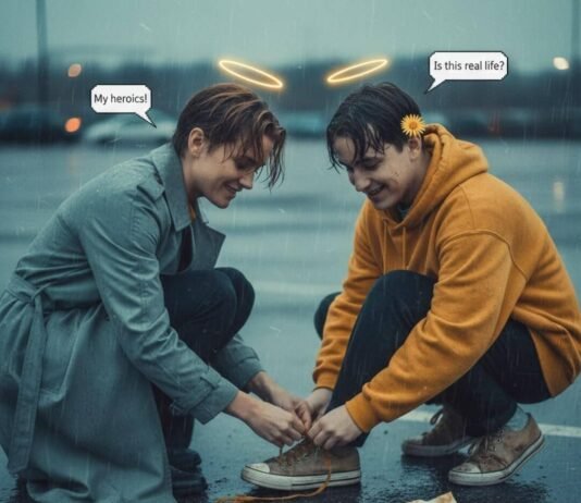 10 Times Celebrities Won Fans with Unexpected Kindness Celebrity ties fan's shoelace in the rain.