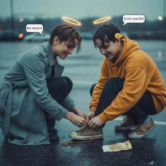 Celebrity ties fan's shoelace in the rain.