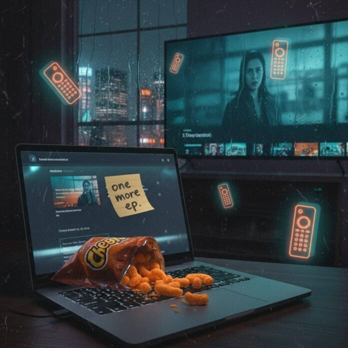 Night in, TV binge, snacks, "one more ep."