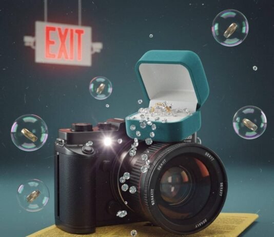 Hollywood Couples Who Secretly Got Married This Year "Paparazzi camera, ring box, diamonds, tabloid, exit sign, wedding bands."