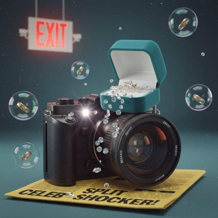 "Paparazzi camera, ring box, diamonds, tabloid, exit sign, wedding bands."