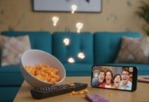 Top Comedy Series for Laugh-Out-Loud Evenings Half-eaten Cheetos, remote, cracked phone, and sock on a coffee table.