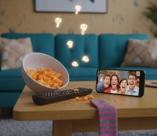 Top Comedy Series for Laugh-Out-Loud Evenings Half-eaten Cheetos, remote, cracked phone, and sock on a coffee table.