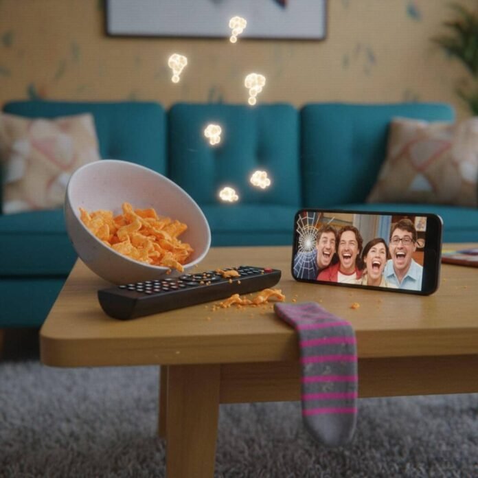 Half-eaten Cheetos, remote, cracked phone, and sock on a coffee table.(1) Half-eaten Cheetos, remote, cracked phone, and sock on a coffee table.