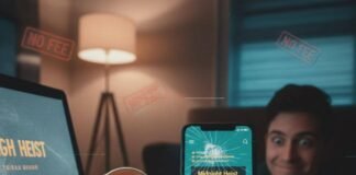 How to Book Showtimes Online Without Extra Fees Cracked phone screen, popcorn, movie tickets, "NO FEE" stamps.