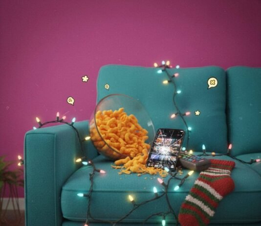 Top 20 TV Shows Everyone’s Talking About in 2025 Couch with Cheetos, iPhone, Christmas lights, and a sock.